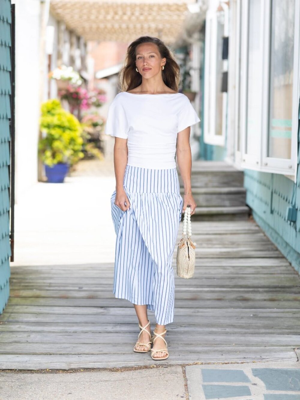 NWT Day + Moon Maxi Skirt (L) Sky Blue/Navy Stripe